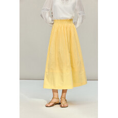 黄玫瑰|压褶木耳边鹅黄色半身裙女2026年早春中长款高腰伞裙