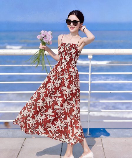 휴가 바람 꽃무늬 드레스 2026 여름 새로운 해변가 민소매 프랑스식 꽃무늬 빅 플레어 스커트 중간 길이