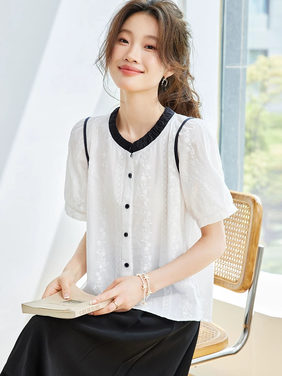 여름 디자인 센스 자수 작은 대중 티셔츠 여성 패치워크 색상 캐주얼 반팔 셔츠 연령 감소 라운드 넥 100 순면 맨위