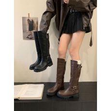 批发美拉德秋冬季复古皮带扣骑士马丁靴爆款双拉链设计高筒长靴女