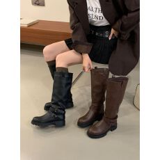 圆头复古棕色美拉德骑士长靴女秋冬显瘦皮带扣粗跟厚底长筒靴