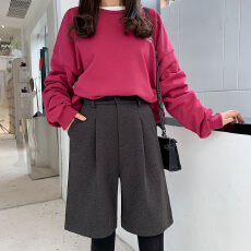 批发毛呢短裤女秋冬新款高腰直筒裤大码宽松五分中裤时尚百搭外穿靴裤