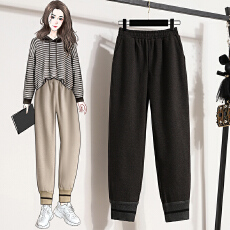 批发毛呢罗纹拼接束脚<b class='q'>哈伦</b>裤女2025秋冬新款松紧腰时尚百搭九分休闲裤