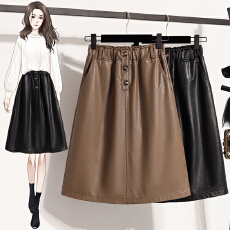 批发松紧腰中长款半身裙女时尚设计感三粒扣后开叉显瘦百搭<b class='q'>包臀</b>皮裙