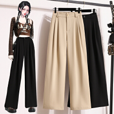 批发高腰西装阔腿裤女春季新款休闲直筒裤梨形身材时尚窄版压褶长裤