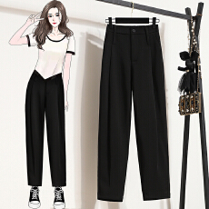 批发黑色九分烟管西装裤巨显瘦休闲锥形<b class='q'>哈伦裤</b>夏季薄款高腰宽松萝卜裤