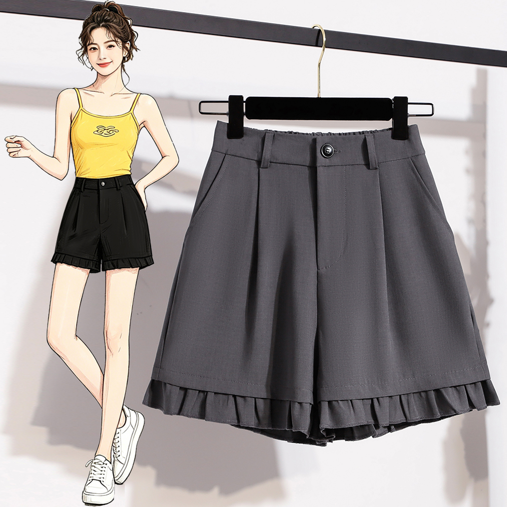 하이웨이스트 디자인 센스 루즈핏 스트레이트 넓은 다리가 짧다. 바지 여성 패션 레이스 캐주얼 허리밴드 오부 바지 외출용 반바지