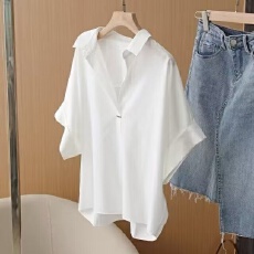 批发短袖衬衫女2025夏新款蝙蝠袖宽松百搭衬衣显瘦套头<b class='q'>雪纺</b>遮肚子上衣