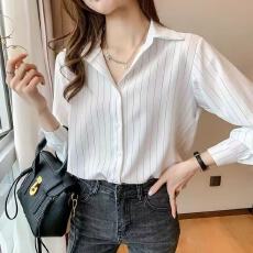 批发女士条纹衬衫女春秋装新款长分袖polo领洋气上衣时尚职业气质衬衣
