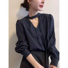 批发复古飘带V领格子衬衫女欧洲站2025早秋新款欧货女装设计感上衣潮
