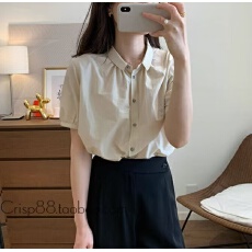 批发小翻领细褶日系设计感简约宽松显瘦搭短袖衬衫上衣小衫