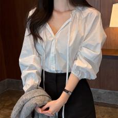 批发木耳边系带长袖雪纺衫<b class='q'>衬衫</b> 韩版chic 纯色宽松时尚<b class='q'>百搭</b>