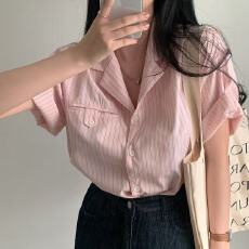 批发韩版 慵懒温柔少女纹理感宽松<b class='q'>百搭</b>条纹减龄<b class='q'>衬衫</b>上衣