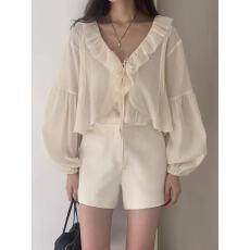 批发韩国东大门 2025春夏新款减龄荷叶边系带长袖衬衫女