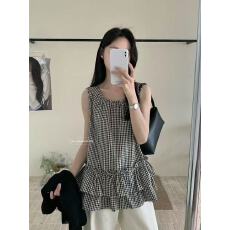 批发清新风格格纹荷叶边设计<b class='q'>连衣裙</b>