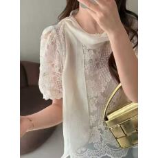 批发温柔系米白飘带蕾丝短袖精致钩花透视感叠穿外搭上衣
