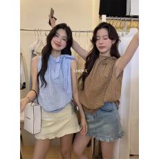 批发THE LIMON柠檬绿茶夏季新款纯欲风复古风格纹宽松短款小衫上衣女