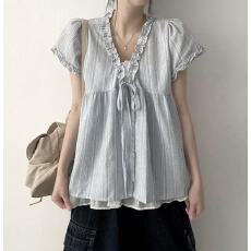 批发韩版甜美麻棉假两件花边<b class='q'>短袖</b><b class='q'>衬衫</b>女夏季设计感绑带小众上衣