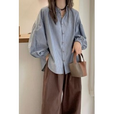 批发夏装条纹灯笼袖宽松衬衫休闲小外套宽松显瘦日系气质小立领上衣女