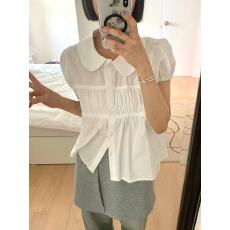批发chic 韩系夏季甜美减龄娃娃领蕾丝花边皱褶单排扣泡泡袖<b class='q'>衬衫</b>上衣