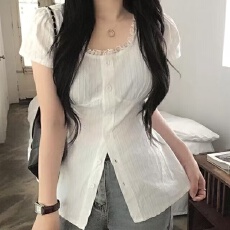 批发chic<b class='q'>时尚</b>方领花边拼接<b class='q'>衬衫</b>