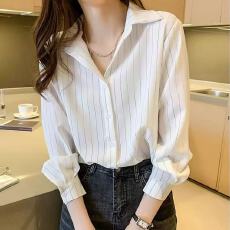 批发<b class='q'>女士</b>条纹衬衫女春秋装新款长分袖polo领洋气上衣时尚职业气质衬衣