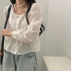 批发韩国chic 早秋 飘带 单排扣 提花 长袖<b class='q'>衬衫</b>女