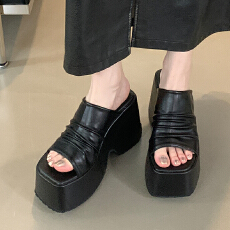 批发10cm超高跟方头一字拖鞋大码休闲<b class='q'>韩版</b>女夏季凉鞋34-43码