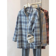 批发美式复古格子衬衫女<b class='q'>春秋</b>设计感长袖衬衣bm宽松外套潮