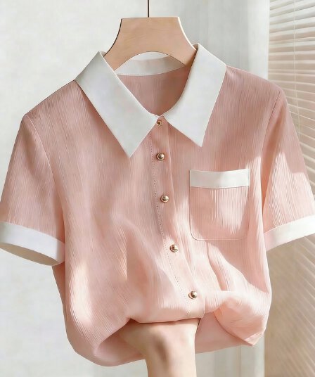 2026 여름 새로운 핑크색 한 부서 POLO 칼라 슬림해 보이는 작은 셔츠