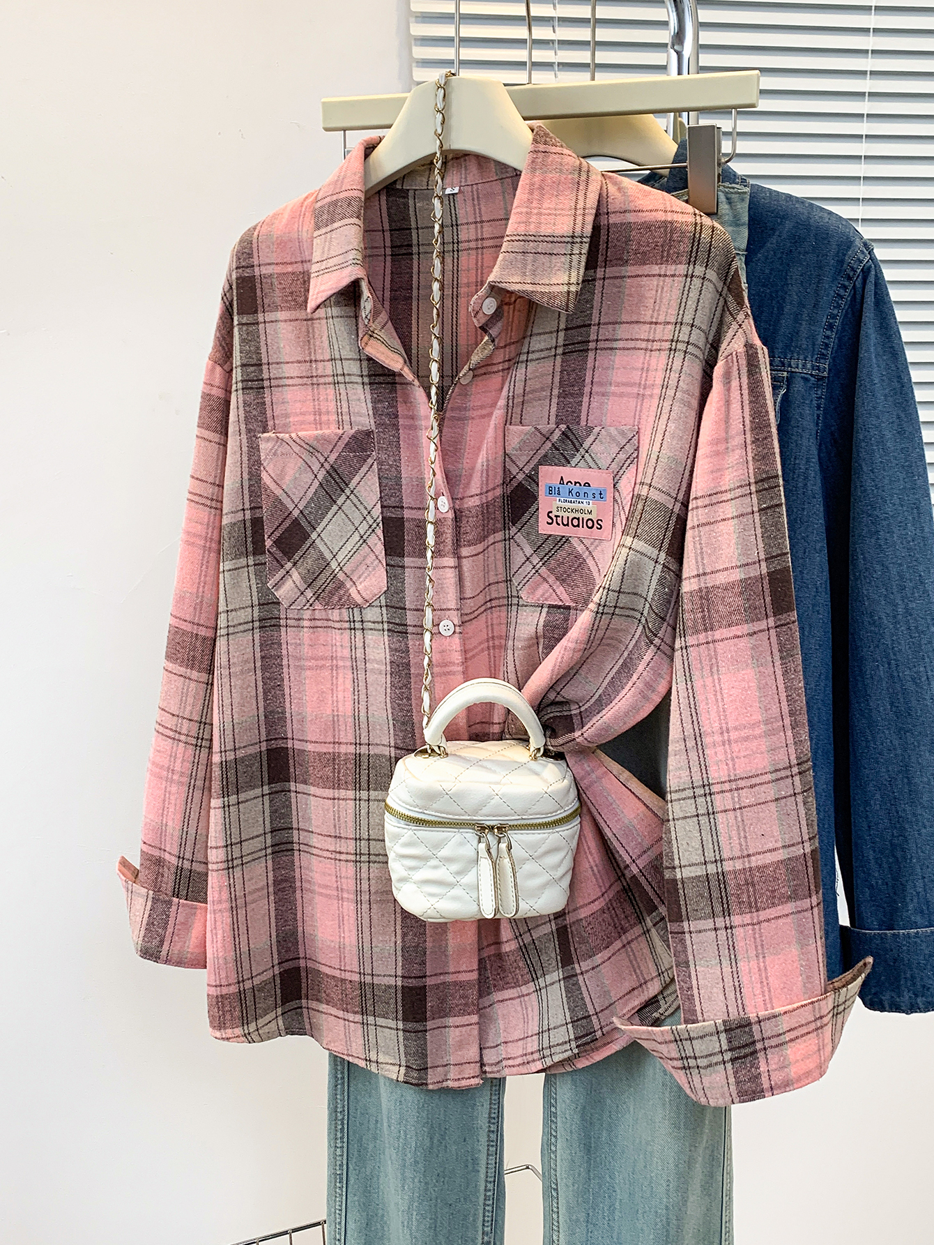 BY34467# 秋冬新款polo领粉色格子衬衣  服裝批發女裝批發服飾貨源