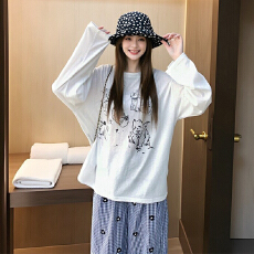 批发<b class='q'>可爱</b>小狗印花圆领长袖奶黄宽松防晒罩衫显瘦上衣长袖t恤女