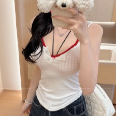 批发格子蝴蝶结假两件吊带背心女内搭夏季新款带胸垫<b class='q'>修身</b>上衣