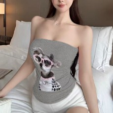 批发纯欲风抹胸小狗印花性感背心女<b class='q'>夏</b>季修身显瘦别致绝美一字围上衣