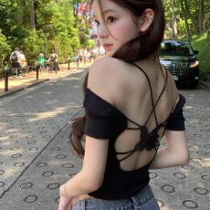 批发纯欲风性感辣妹镂空<b class='q'>短袖</b><b class='q'>T</b><b class='q'>恤</b>女内搭修身显瘦外穿美背上衣夏