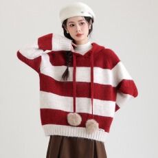 批发条纹连帽套头毛衣卫衣女2026新款冬季韩系宽松慵懒风<b class='q'>针织</b>上衣