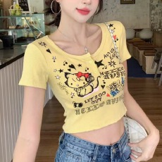 批发猫咪卡通印花<b class='q'>街头</b>美少女大U领短袖T恤女2025夏季俏皮辣妹短款上衣