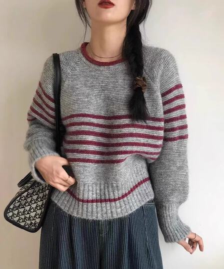 가을 겨울 외국 가스 연령 감소 작은 대중 라운드 넥 풀오버 긴팔 양모 스웨터 디자인 센스 배색 스트라이프 니트 스웨터 맨위