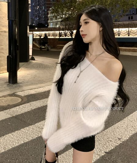 부드러운 찹쌀 밍크 플리스 스웨터 여자 가을 겨울 새로운 느긋한 단색 V넥 루즈핏 중간 길이 니트 스웨터 재킷