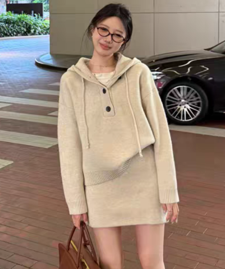 한국 스타일 패션 루즈핏 느긋한 바람 두꺼운 후드 긴팔 풀오버 허리밴드 반신 치마 세트