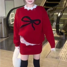 批发韩系新年圣诞红减龄气质圆领蝴蝶结提花软糯宽松百搭长袖针织毛衣