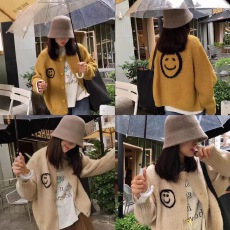 批发设计感<b class='q'>刺绣</b>软绵绵超宽松双面笑脸圆领毛衣小开衫冬韩系时尚百搭