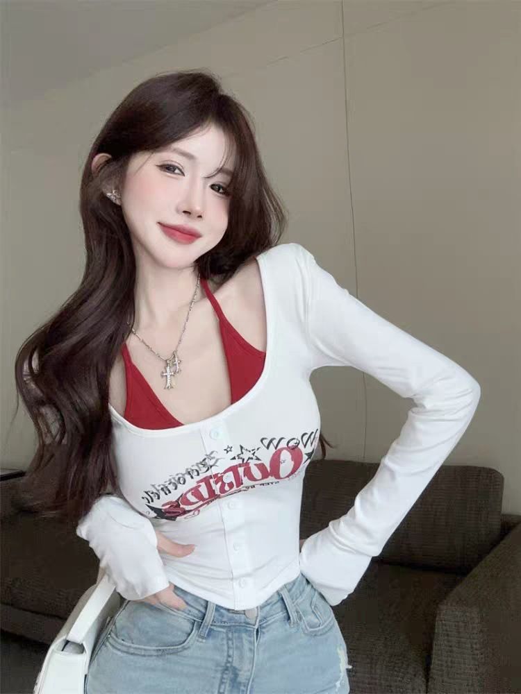 이른 가을 새로운 순수한 욕망 페이크 레이어드 알파벳 프린트 배색 긴팔 몸매 가꾸기 다용도 원피스 벨트 가슴 패드
