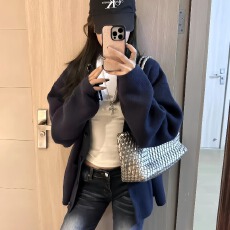 批发宽松慵懒风藏蓝色长袖毛衣外套女2025年秋季新款软糯百搭<b class='q'>针织</b><b class='q'>开衫</b>