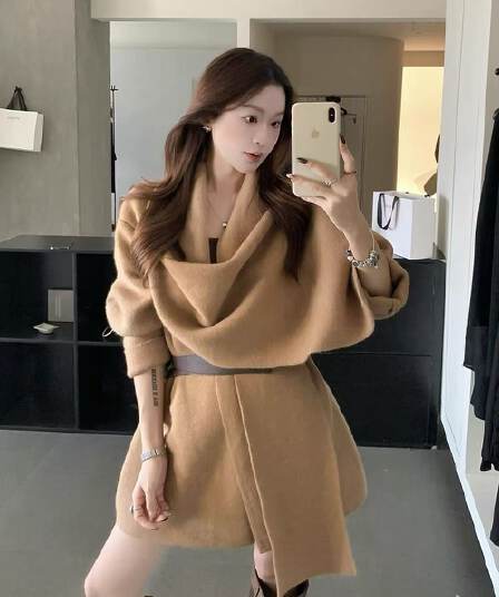 한 부서 품격 느슨함 분위기 센스 스카프 칼라 니트 카디건 코트 디자인 센스 불규칙 재킷 벨트 포함