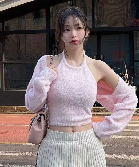 한국 행침 목 스타일 캐미솔 짧은 맨위 긴팔 오픈 가디건 니트 세트 2026 새로운 인터넷 유명인 다용도 패션