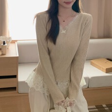 纯欲蝴蝶结蕾丝边V领长袖针织打底衫女秋冬甜美修身内搭毛衣上衣