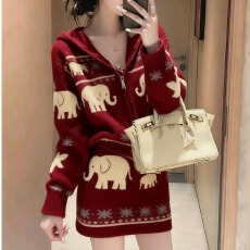 批发慵懒风红色针织提花套装女2025新款秋冬减龄穿搭上衣半身裙两件套