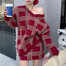 批发韩版高级感格子慵懒风宽松V领时尚针织毛衣配半身包臀裙两件套装