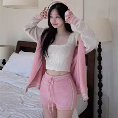 批发韩国chic复古拉链长袖棒球服毛衣外套女秋装新款百搭短裤针织套装
